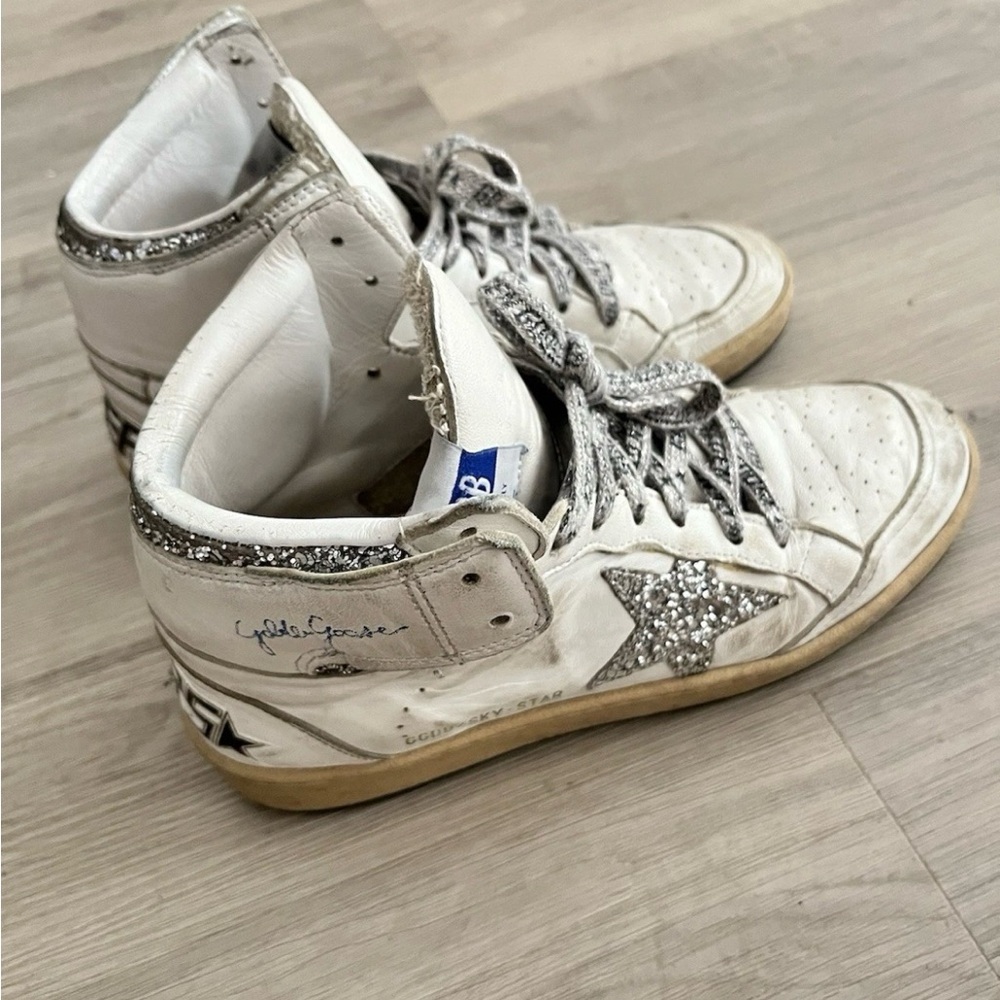 Golden Goose White Leather High-Top Sneakers with Silver Glitter Star